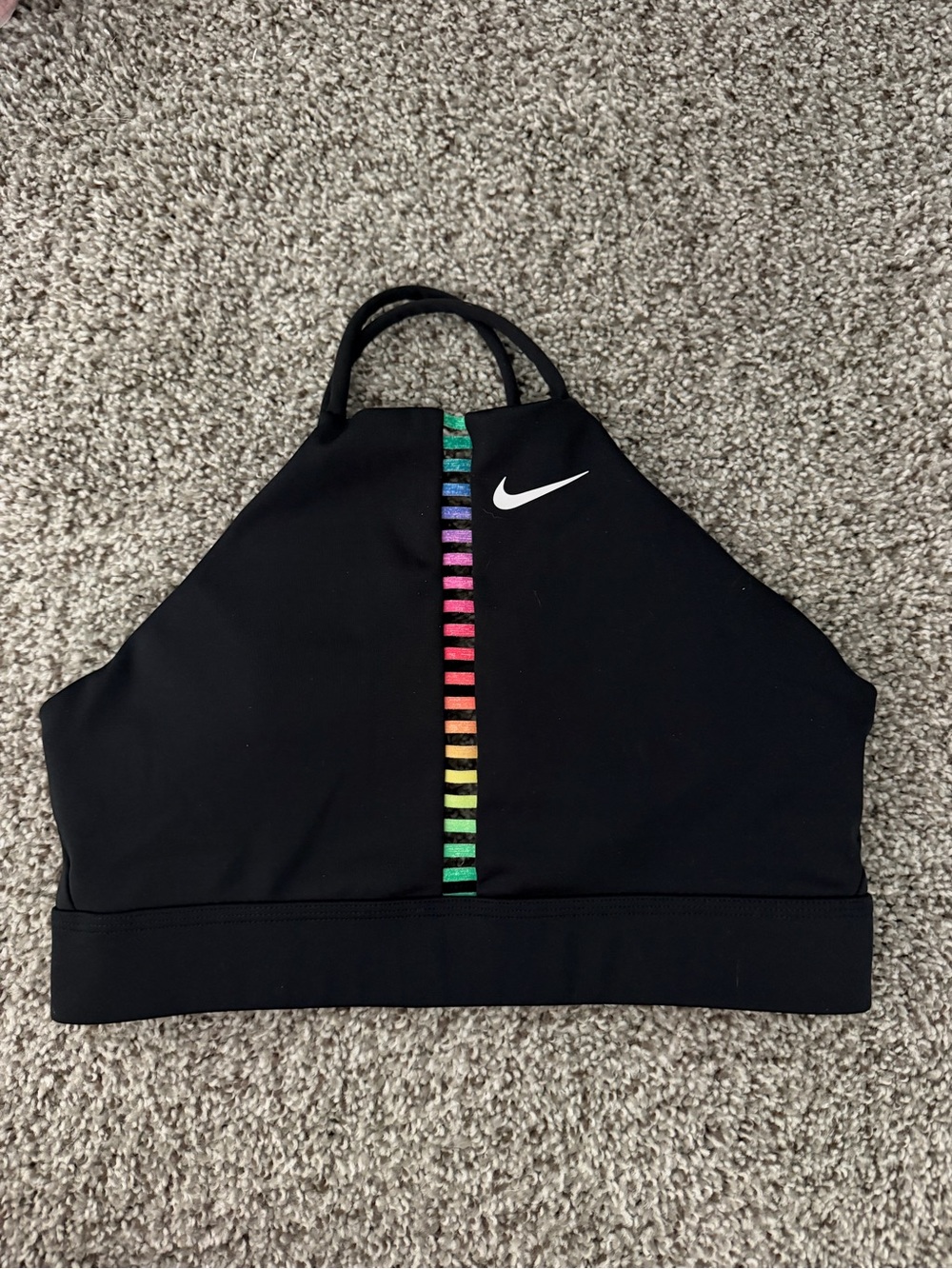 Nike Black High-Neck Sports Bra with Vertical Rainbow Stitch